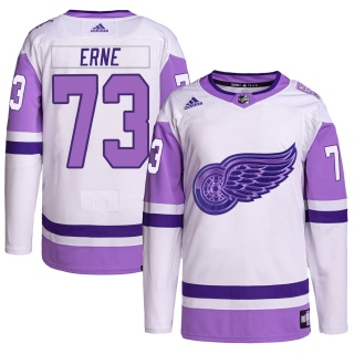 Men's Adam Erne Detroit Red Wings Adidas Hockey Fights Cancer Primegreen Jersey - Authentic White/Purple