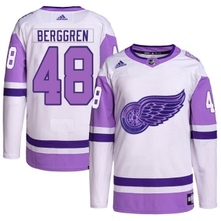 Men's Jonatan Berggren Detroit Red Wings Adidas Hockey Fights Cancer Primegreen Jersey - Authentic White/Purple