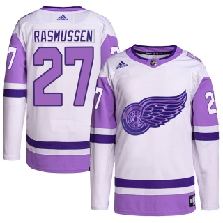 Men's Michael Rasmussen Detroit Red Wings Adidas Hockey Fights Cancer Primegreen Jersey - Authentic White/Purple