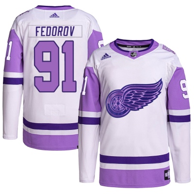 Men's Sergei Fedorov Detroit Red Wings Adidas Hockey Fights Cancer Primegreen Jersey - Authentic White/Purple