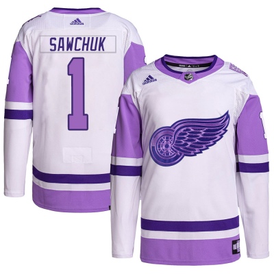 Men's Terry Sawchuk Detroit Red Wings Adidas Hockey Fights Cancer Primegreen Jersey - Authentic White/Purple