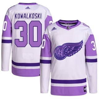 Youth Justin Kowalkoski Detroit Red Wings Adidas Hockey Fights Cancer Primegreen Jersey - Authentic White/Purple